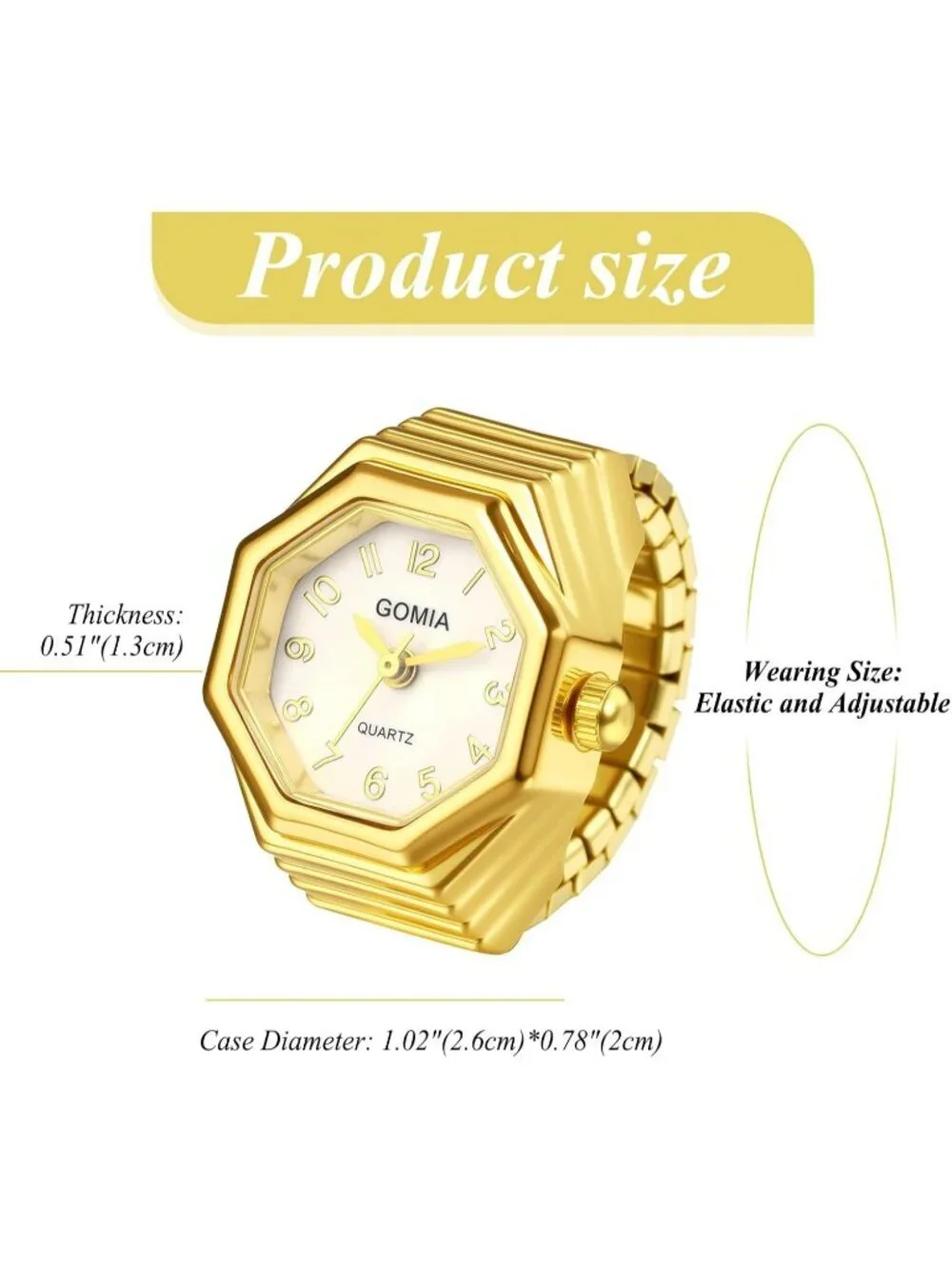 Unisex Gold Analog Quartz Stretchy Elastic Band Octagon Dial Finger Ring Watch